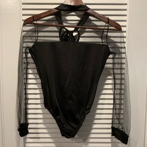 Black sheer mesh long sleeve bodysuit.